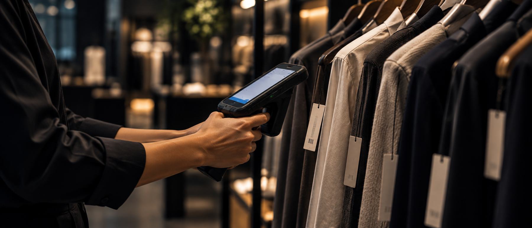 A store colleague holding a handheld RFID reader up to hang tags on a rail of garments.