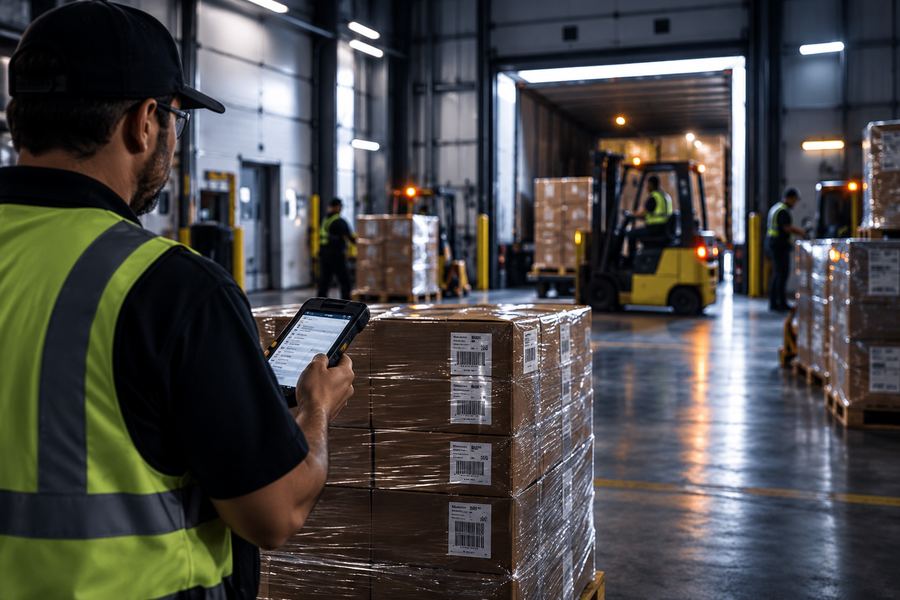 A DC operator in a hi-vis vest scanning a wrapped pallet at a loading dock.