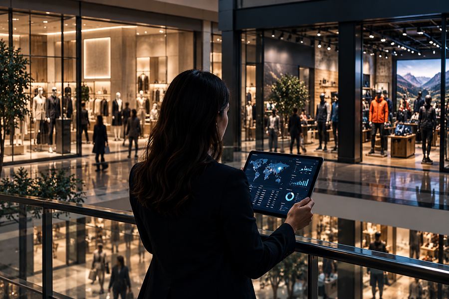 A regional leader reviewing store performance on a tablet above a shopping center.