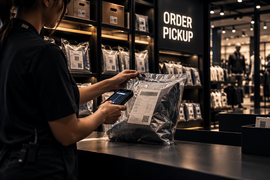 A colleague scanning a bagged customer order at an order pickup counter.