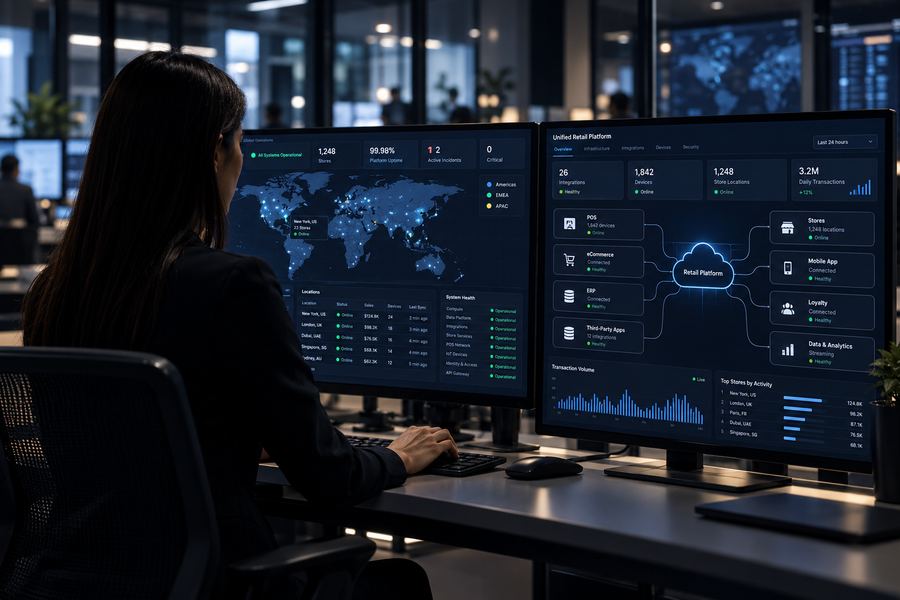 A platform owner watching store health and integration status across two monitors.