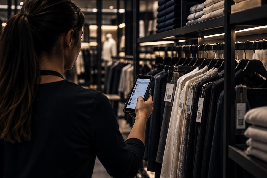 A store colleague checking a rail of garments with a handheld reader.