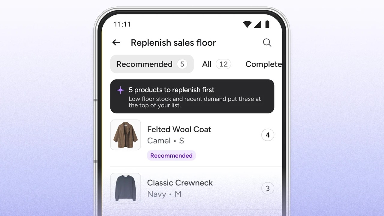Clarity Store on a handheld, showing a replenishment list with the five products to restock first.