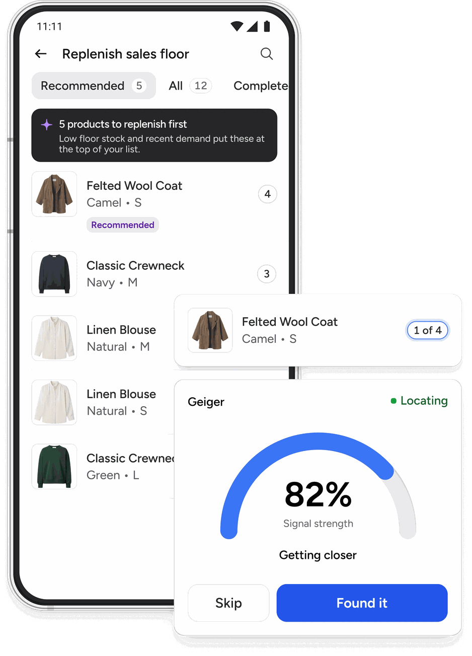 A replenishment pick list on a handheld, with the five products to replenish first, and a locate view showing signal strength while the colleague walks to the item.