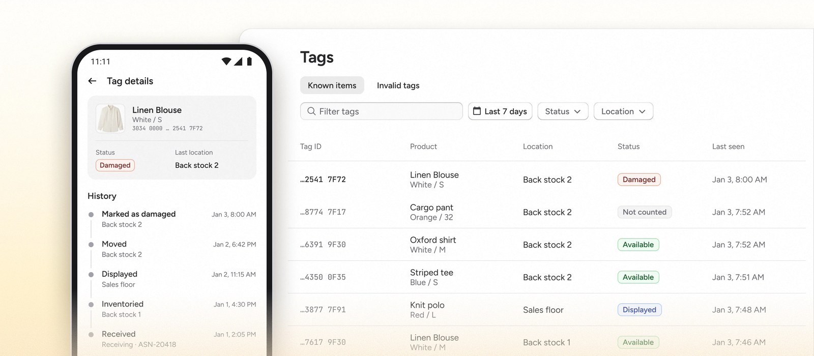 Tag details for a single item beside the tag list across every store: status, last location, and a history of every event from receiving to being marked damaged.