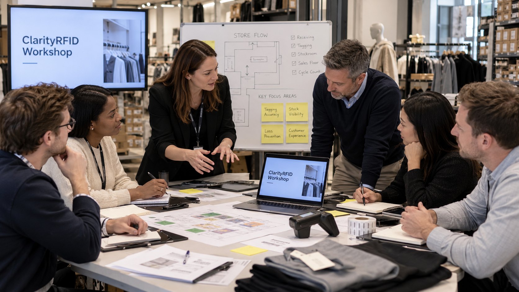 A ClarityRFID workshop on a store floor: a consultant at a whiteboard mapping store flow against receiving, tagging, stockroom, sales floor, and cycle count, with the customer team around a table of floorplans, a handheld reader, and a roll of RFID labels.